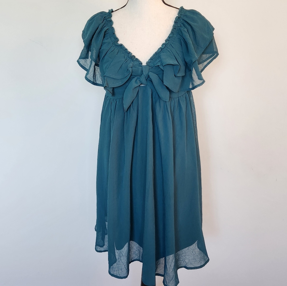 Vici Off Shoulder Emerald Green Mini Dress Flowy Stretchy Bow Ruffle Fairy Med